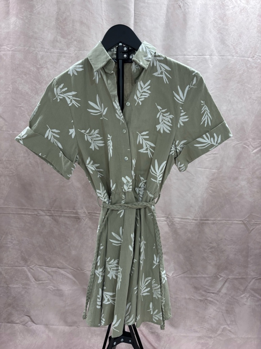 Zara Olive Green Short Sleeve Floral Tie-Waist Mini Dress - Picture 5 of 7
